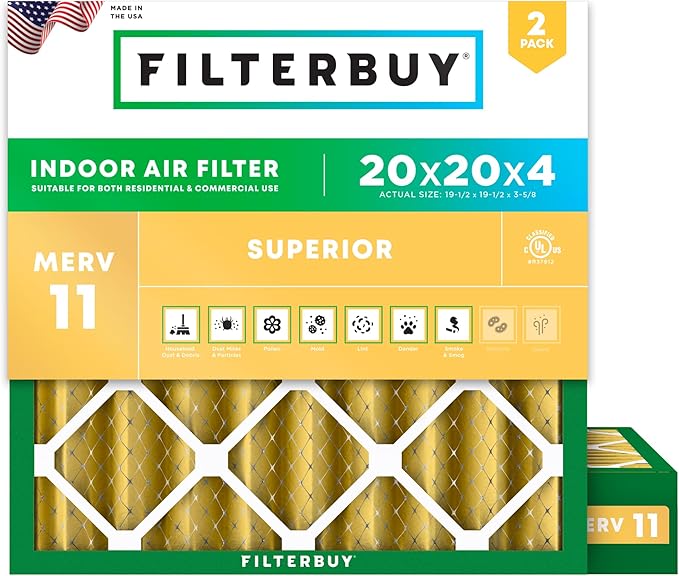 Filterbuy 20x20x4 Air Filter MERV 11 (MPR 1200) Allergen Defense Replacement (2-Pack), Electrostatic Pleated HVAC AC Furnace Filters, Made in USA (Actual Size: 19.50 x 19.50 x 3.63)