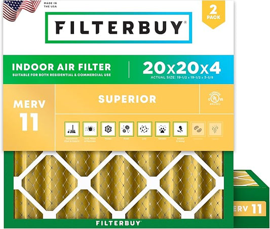 Filterbuy 20x20x4 Air Filter MERV 11 (MPR 1200) Allergen Defense Replacement (2-Pack), Electrostatic Pleated HVAC AC Furnace Filters, Made in USA (Actual Size: 19.50 x 19.50 x 3.63)