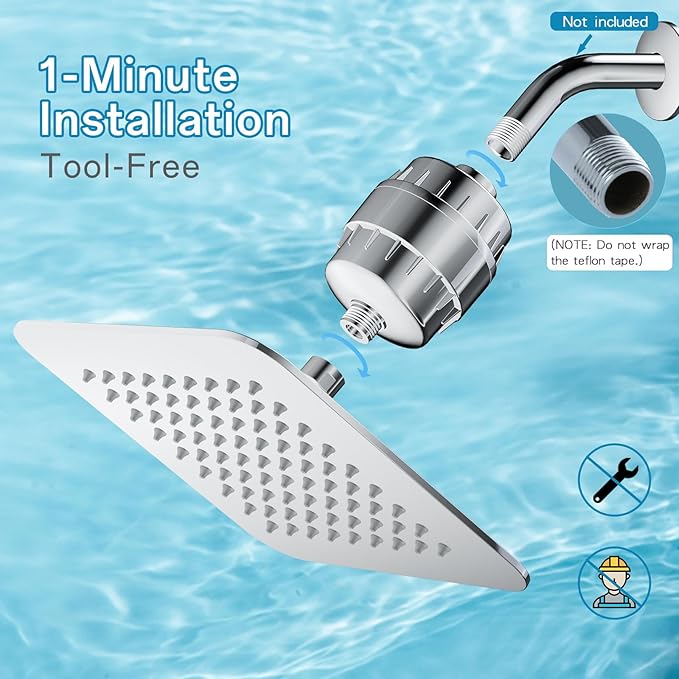8'' High Pressure Filtered Shower Head Combo 20 Stage Shower Filter for Hard Water, Removes Chlorine & Harmful Substances (Chrome Polished)