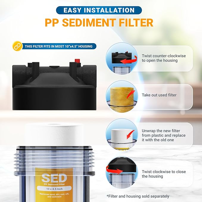 Max Water 5 Micron 10 x 4.5 inch Whole house Sediment Water Filter - Well Water Sediment Filter Replacement Cartridge for DGD-5005, AP810, WFHD13001B (4 Pack)