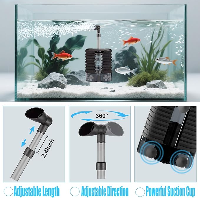 Carefree Fish Aquarium USB Sponge Filter Quiet for 20~60Gal Fish Tank for Saltwater and Freshwater with Biochemical Filtration Balls and Fluidized Beds