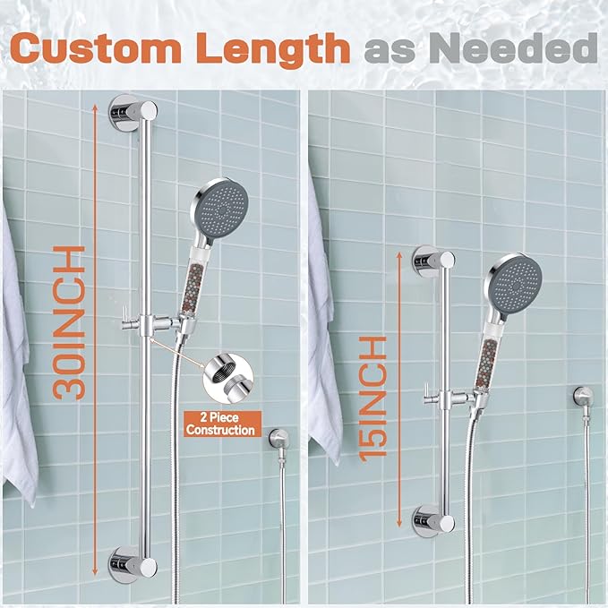 YDmeet Filtered Handheld Showerhead with 30-Inch Shower Slide Bar Set, 3-Mode Spray Setting, Long Metal Hose, Extra 6 Packs Replacement Mineral Balls for Refills, Chrome