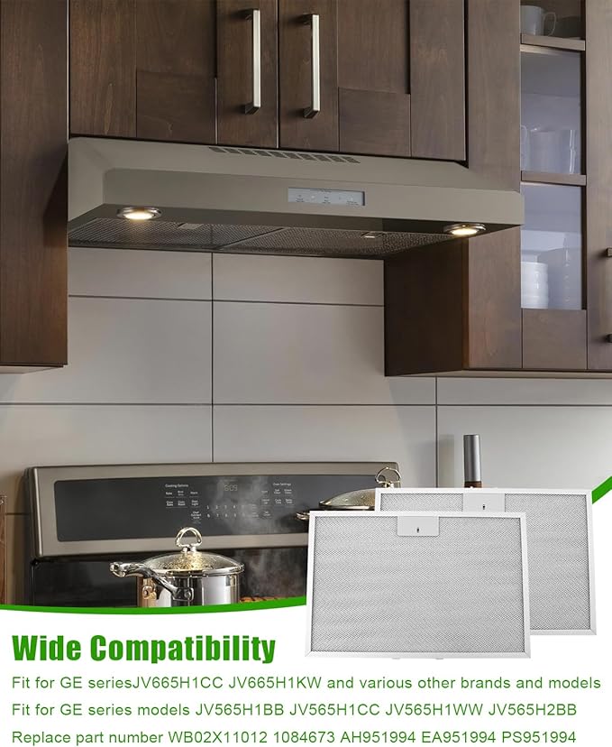 2 Pcs WB02X11012 Range Hood Grease Filter Compatible with GE Series JV565H1BB JV565H1CC JV565H1WW Range Hoods and Multiple Brands and Models, Washable Filter Replace 1084673 AH951994 EA951994 PS951994