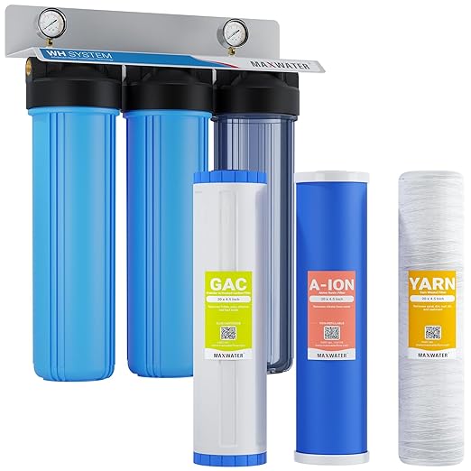 Max Water 3 Stage Nitrate Removal 3 Stage 20"X 4.5" Whole House Water Filter System - Wound Sediment + Anion Resin Nitrate Reduction + GAC - 1" Inlet/Outlet