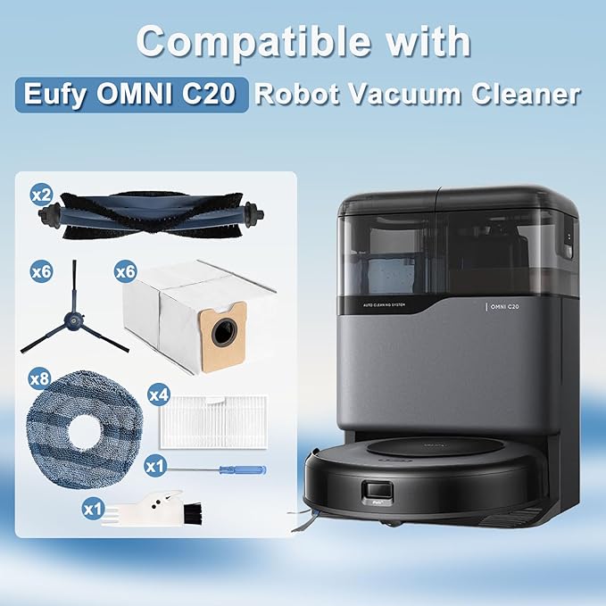 Yivy 28PCS Replacement Parts for Eufy Omni C20 Vacuum Cleaner Accessory Kit: 2 Main Brushes, 6 Side Brushes, 4 HEPA Filters, 6 Dust Bags, 8 Wipes