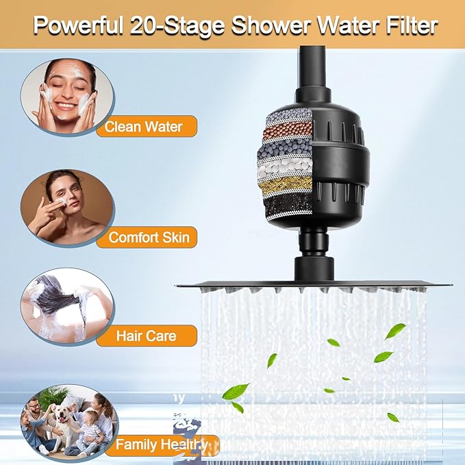 Filtered Rain Shower Head, High Pressure 8″Square, and All Metal Handheld Spray Combo with Stainless Steel Hose, Replacement 20 Stage Shower Filter for Hard Water, Matte Black