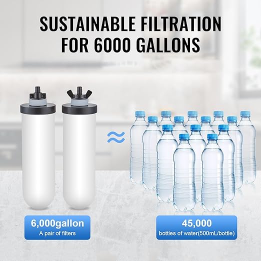 VEVOR Gravity-fed Water Filter System, 2.25G 304 Stainless-Steel Countertop Water Filtration System, Reduces Lead and up to 99% of Chlorine, with 2 Ceramic Carbon Filters, Water Level Spigot, Stand