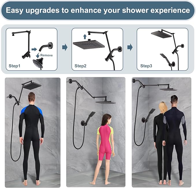 BRIGHT SHOWERS High Pressure Rain Shower Head Combo with Double Extension Arm, 8 Inch Rainfall Shower Head with Handheld Spray, Height Adjustable Dual Square Showerhead Set, Oil-Rubbed Bronze