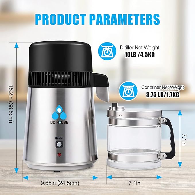 DC House Distilled Water Machine 1 Gallon, Stainless Steel Water Distiller for Home Countertop 110V 750W Purifier for Humidifier Office CPAP with Smart Switch, Glass Pot