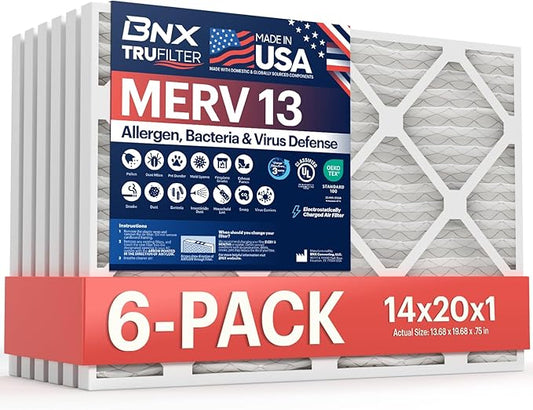 BNX TruFilter 14x20x1 Air Filter MERV 13 (6-Pack) - MADE IN USA - Electrostatic Pleated Air Conditioner HVAC AC Furnace Filters for Allergies, Pollen, Mold, Bacteria, Smoke, Allergen, MPR 1900 FPR 10