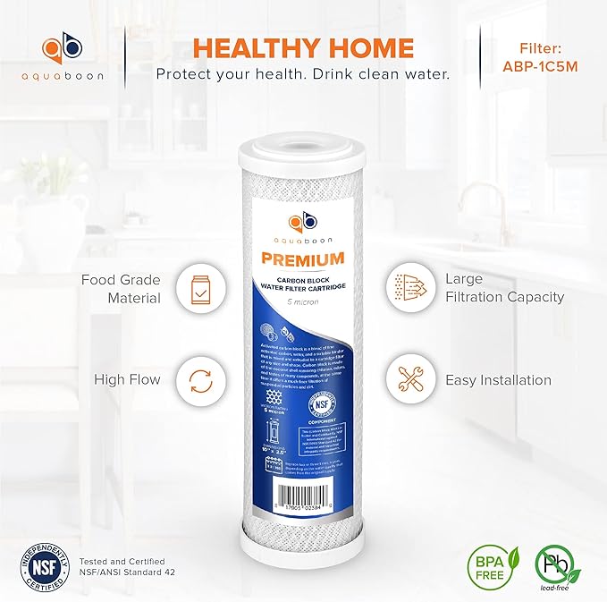 Aquaboon Premium 5 Micron Carbon Block Water Filter 10" x 2.5" – 25-Pack CTO Whole House Filters for Countertop & Under Sink Systems, Compatible with FXWTC