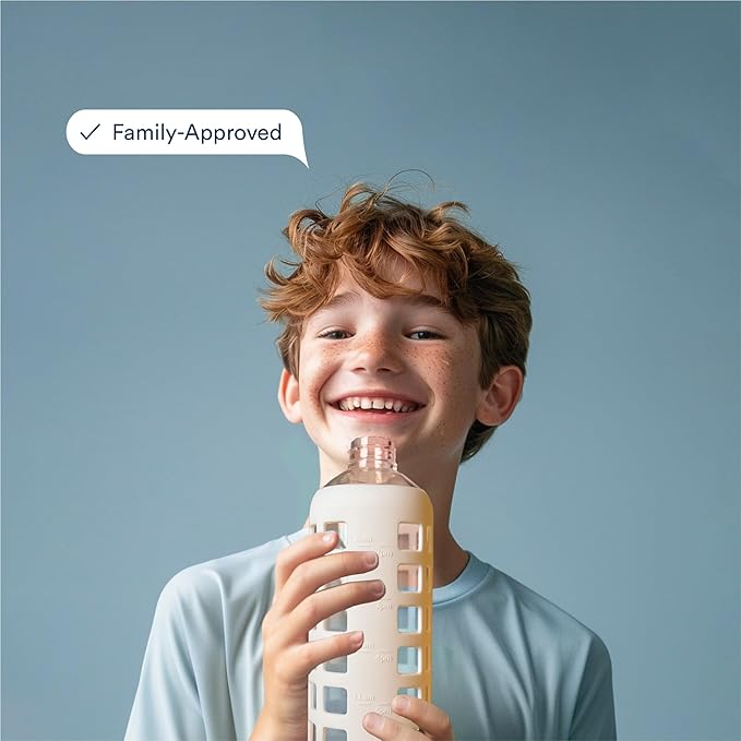 purifyou 40oz / 32oz / 22oz / 12oz Borosilicate Glass Water Bottle with Time & Volume Markers, Silicone Sleeve, Stainless Steel Lid | Reusable Glass Bottle for Water & Juice (32oz Pearled Ivory)