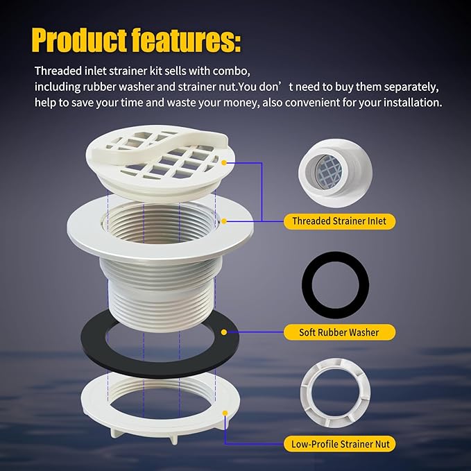 Threaded Inlet Strainer Kit Compatible with Intex Filter Pumps w/ 1-1/2" Hoses,Incl Rubber Washer and Strainer Nut,Inlet Strainer use for Stock Tank Pools & Above Ground Pool