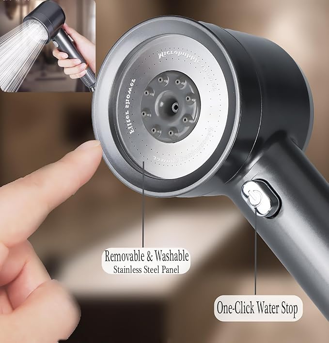High Pressure Shower Head with Handheld, with Pause Switch 4 Spray Modes Water Saving Filter Showerhead, Showerhead Set with Hose, Bracket and Cotton Filter, Make Bathing Healthier (Grey)