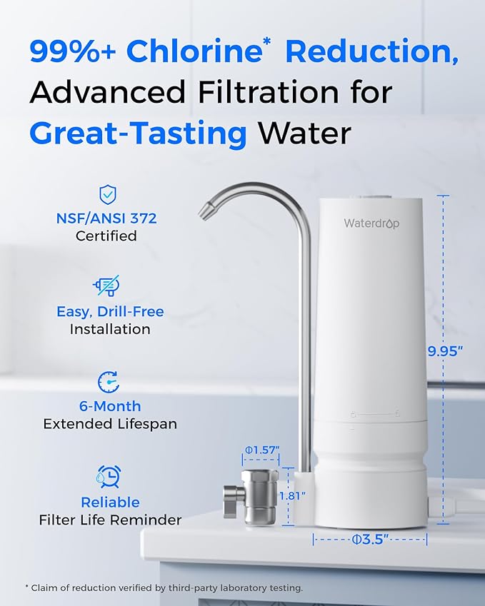 Waterdrop Water Filter for Sink Faucet, 8000 Gallons Countertop Water Filter System and Filter Life Reminder, Reduces Heavy Metals, Bad Odor, and 99% Chlorine, WD-CTF-05 (2 Filter)