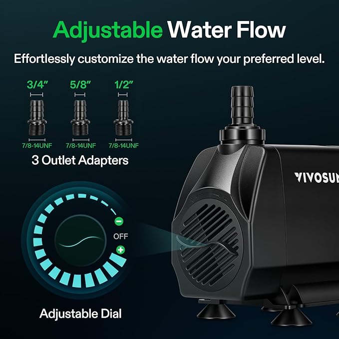 VIVOSUN 1050 GPH 100W Submersible Water Pump, Quiet Fountain Pump With 13.1 ft Head Lift, 6.6 ft Power Cord, 3 Nozzles, Tubing, & 2 Clamps, For Fish Tank, Pond, Aquarium, Hydroponics