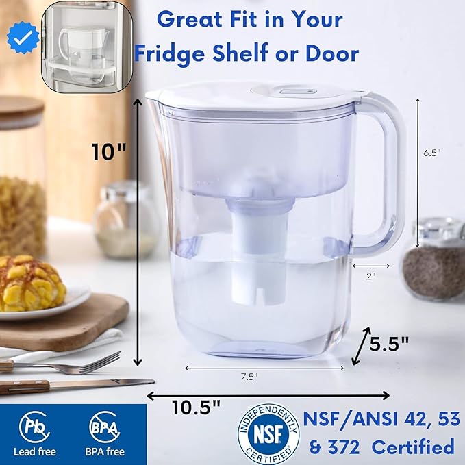 10-Cup Water Filter Pitcher & 2 Extended Life Water Filters (Removes Lead - 6 Months Per Filter) & Electronic Replacement Reminder - Compatible with Brita Water Pitcher/Brita Filter Pitcher