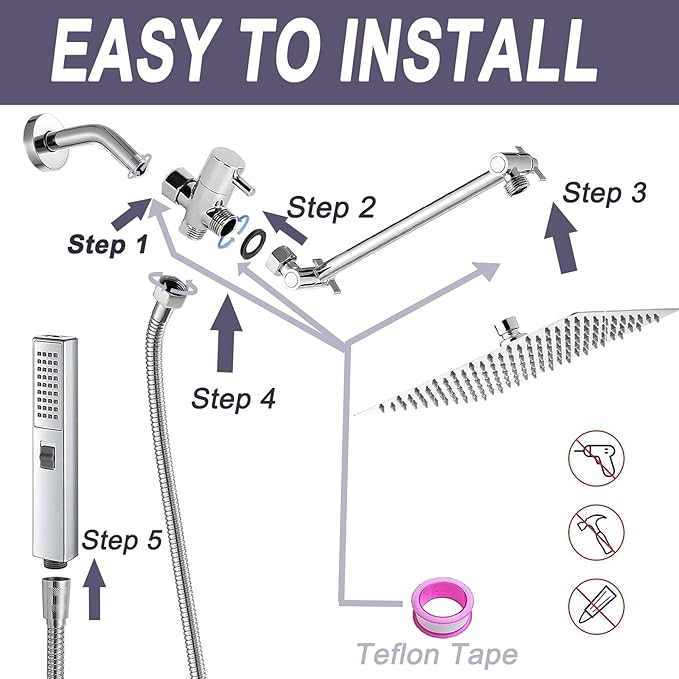 12 Inch High Pressure Square Rain Shower Head and 2-in-1 Hand Shower, Equipped with 78"Hose and 13" Shower Arm, 3 Way Diverter Valve, Shower Head Holder (AWAXFOLO Square Shower Head Set Chrome)