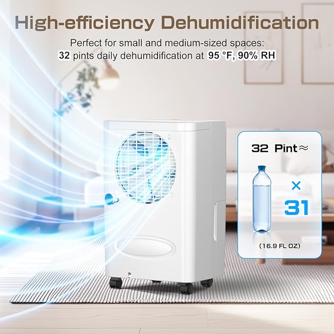 Dehumidifier,3000 Sq.Ft 32Pint Dehumidifier for Home-with Drain Hose,Ideal for Bedroom Bathroom RV and Basements,Intelligent Humidity Control,Dry Clothes Mode, 24H Timer,Auto Defrost (White)