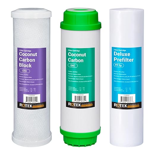 Rotek Water Systems Reverse Osmosis Water Filter Set | 3 Replacement Water Filters with No Membrane | 6 Month Supply | Under Sink RO Water Filter Kit | PP, GAC, CTO | Universal 10 Inch Size
