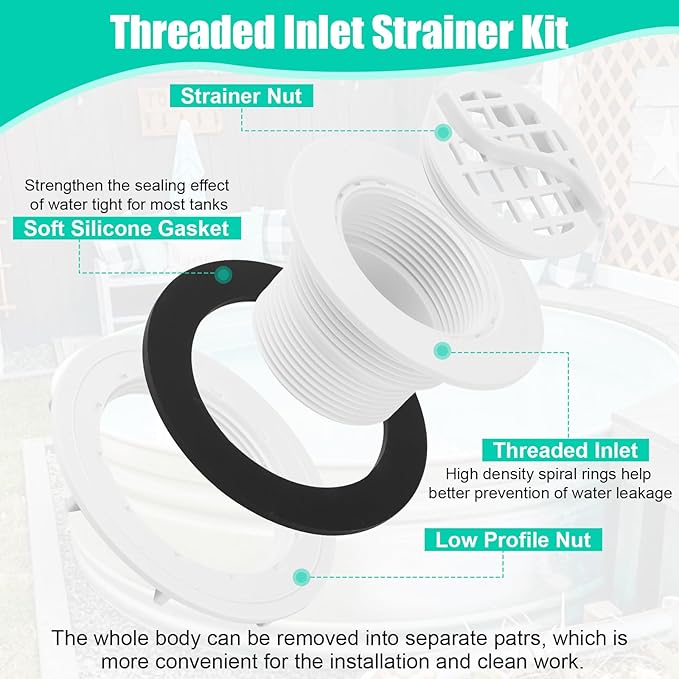 Threaded Inlet Strainer Kit Include Rubber Washer and Strainer Nut, Fits Intex Filter Pumps with 1-1/2" Hoses for Intex Stock Tank Pools and Stock Tank Pool Filter Kit Pool Accessories (2 Pcs)