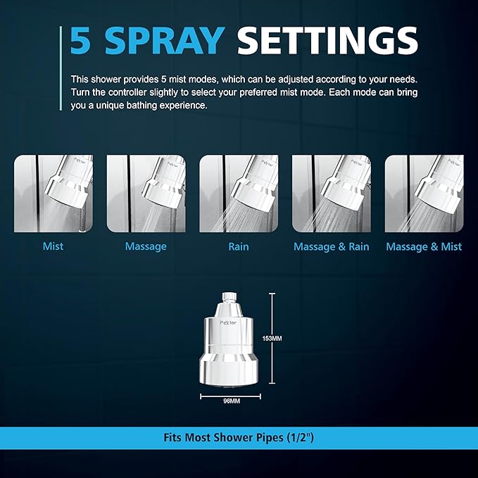 Multi Stage Shower Head Filter for Hard Water, Shower Water Filter for Removing Chlorine and Fluoride, Hard Water Shower Filter Improves on Skin, Hair and Nails, Polished Chrome - 5 Spray