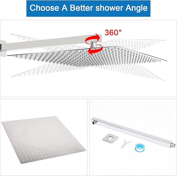 HarJue Shower Head with Extension Arm, High Pressure Square with ShowerArm, Stainless Steel Rainfall-Waterfall Full Body Coverage (16'' Shower with 20'' Arm, Chrome)