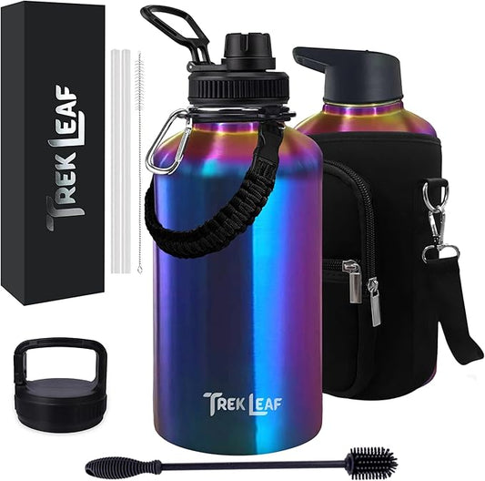 Travel Water Bottle with Carrying Bag, 3 Lids (Spout, Straw, Handle), and Bottle Brush; Leak Proof, Quality, Vacuum Insulated, Stainless Steel (Twilight, 64 oz)