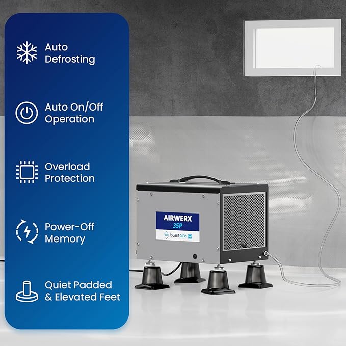 BaseAire Crawlspace Dehumidifier with Pump, Energy Star Compact Dehumidifiers for Commercial and Basement with Drain Hose, 70 PPD, Auto Defrost, GLGR Technology, Up to 1000 Sq Ft