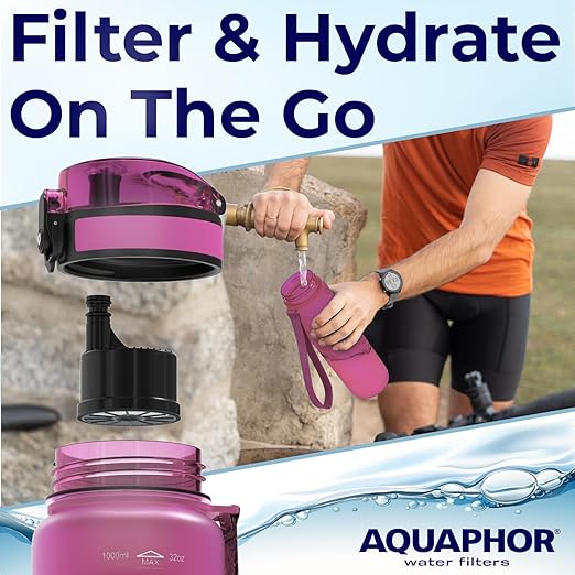 Nakii Filtered Water Bottle, Leakproof, BPA-Free, Motivational Markings, Travel, Everyday Use. 40-Gallon Filter, Replaces 300 Plastic Water Bottles. Includes 1 Filter, 22 FL Oz, Pink by Aquaphor