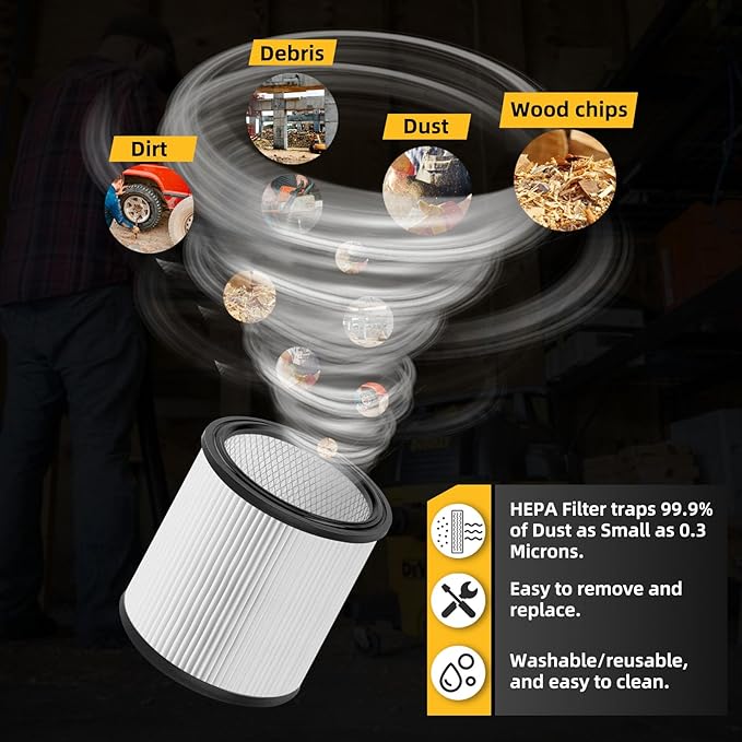 2 Pack DXVC6910 Cartridge Filter Replacement for DEWALT 6,9,10,12,14,16 Gallon Wet/Dry Vac, Compatible with DeWalt DXV06P DXV09P DXV10P DXV10PL DXV10SA DXV12P DXV14P DXV16P, Washable and Reusable