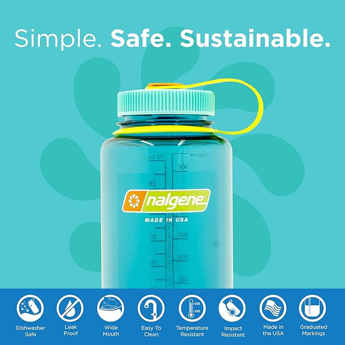 Nalgene Sustain Tritan BPA-Free Water Bottle Made with Material Derived from 50% Plastic Waste (using ISCC certified mass balance), 32 OZ, Wide Mouth, Cerulean