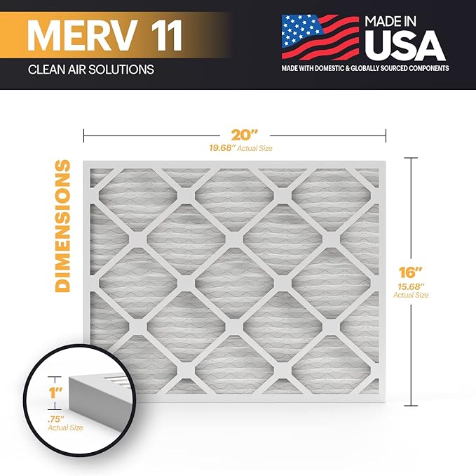 BNX 16x20x1 MERV 11 Air Filter 12 Pack - MADE IN USA - Electrostatic Pleated Air Conditioner HVAC AC Furnace Filters - Removes Dust, Mold, Pollen, Lint, Pet Dander, Smoke, Smog