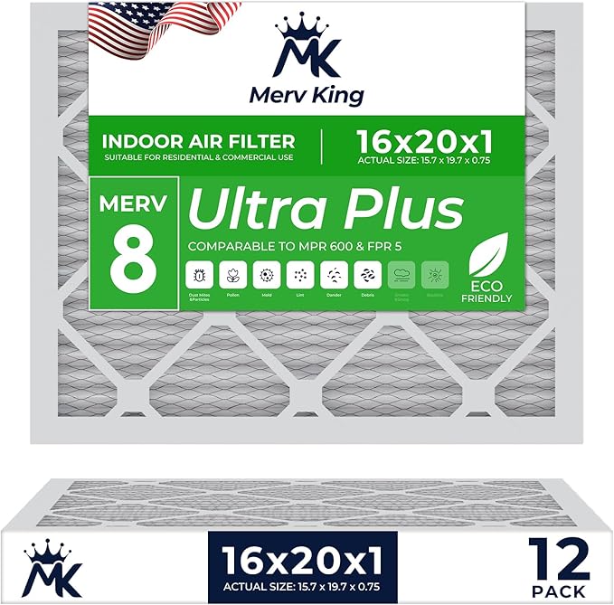MervKing 16x20x1 Air Filter Actual Size: 15.7" x 19.7" x 0.75" MERV 8 MPR 600-700 | MADE IN USA | 12-Pack | Pleated HVAC AC Furnace Replacement