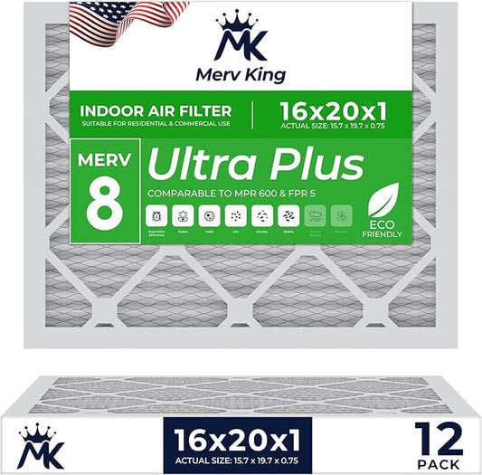 MervKing 16x20x1 Air Filter Actual Size: 15.7" x 19.7" x 0.75" MERV 8 MPR 600-700 | MADE IN USA | 12-Pack | Pleated HVAC AC Furnace Replacement