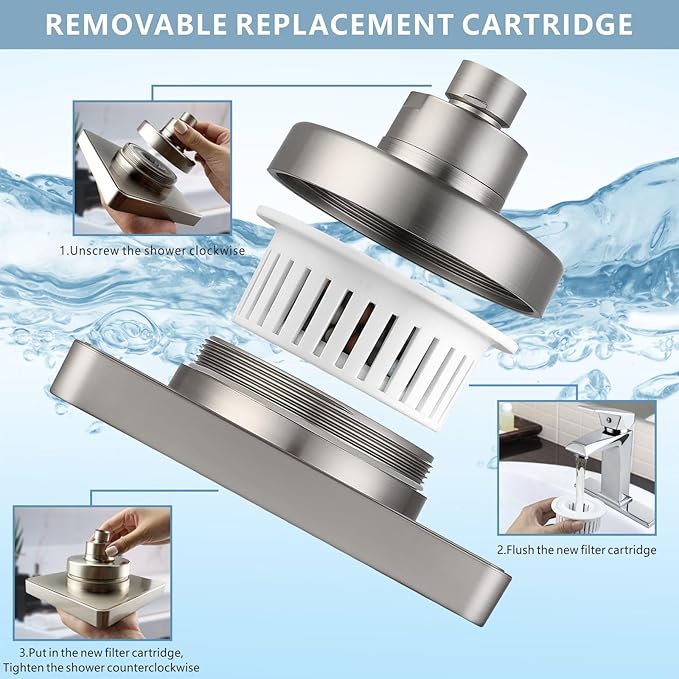 High Pressure Rain Shower Head with Filtered - 6" Square Showerhead Filter for Remove Chlorine and Harmful Substances, Improve Hair and Skin Problems, Brushed Nickel