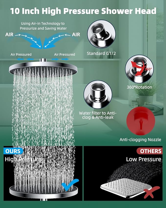 Hibbent 10'' Self-cleaning Rainfall Shower Head, High Pressure Handheld Shower Head, Showerhead Combo with 12'' Adjustable Curved Shower Extension Arm, 7-Spray, 71'' Hose, Showerhead Holder, Chrome