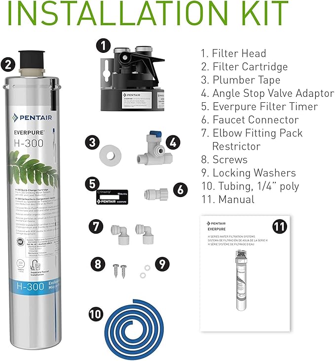 Pentair Everpure H-300 Drinking Water System, EV927076, NSF Certified to Reduce Lead, Includes Filter Head, Filter Cartridge, All Hardware and Connectors, 300 Gallon Capacity, 0.5 Micron