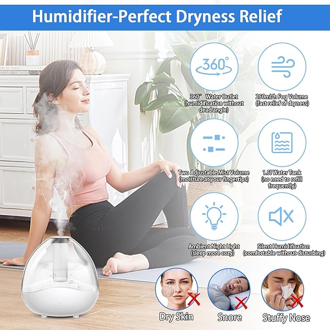 Petyoung Ultrasonic Mist Humidifier with Night Light, Quiet Auto Shut- Off Air Humidifiers for Bedroom, Desk Humidifiers Essential Oil Diffuser with Removable 1.5L Water Tank