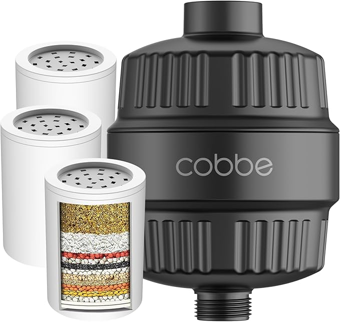 Cobbe High Output Shower Filter for Hard Water - 2 Replaceable Cartridges - Removing Chlorine and Harmful Substance, and Dramatically Improves The Condition of Your Skin, Hair and Nails - Matte Black