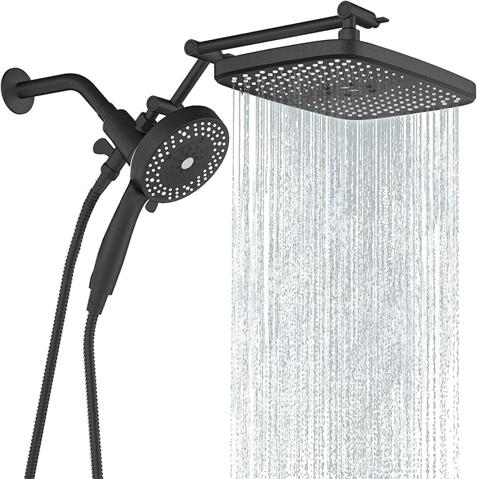 High Pressure Rain Shower Head with Handheld Spray Combo,10 Sprays Handheld Shower Head, Detachable Shower head Built-in Magnetic Docking and Power Jets (Black)