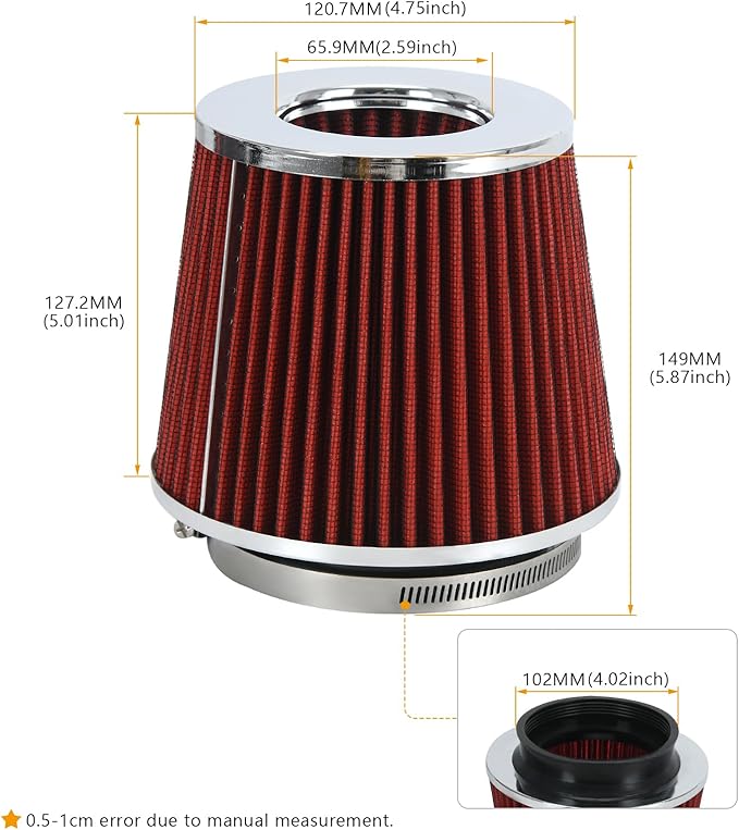 PTNHZ Universal Red 4" 102mm High Flow Cold Air Intake Cone Air Filter Power Intake Air Inlet System Air Cleaner