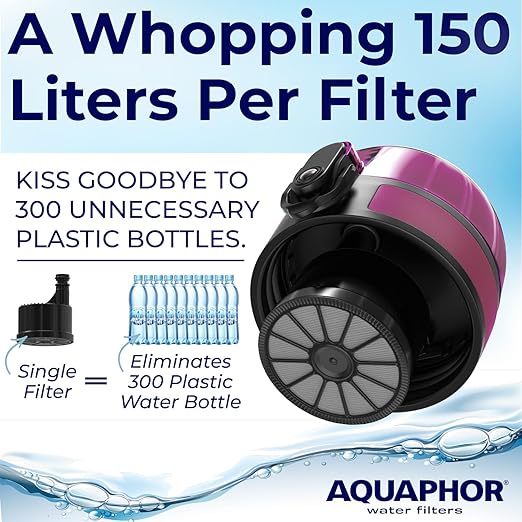 Nakii Filtered Water Bottle, Leakproof, BPA-Free, Motivational Markings, Travel, Everyday Use. 40-Gallon Filter, Replaces 300 Plastic Water Bottles. Includes 1 Filter, 22 FL Oz, Pink by Aquaphor