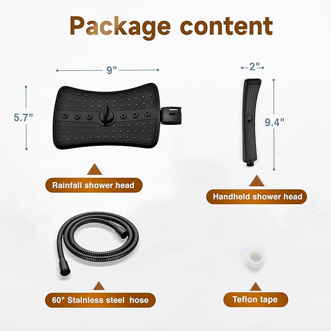 BRIGHT SHOWERS High Pressure Dual Shower Head Combo with Rainfall & Handheld, 4 Spray Settings, Tool-Free Installation, 60" Stainless Steel Hose, Matte Black