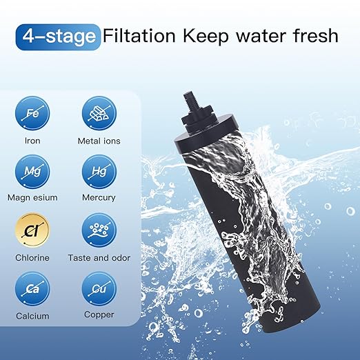 Gravity-Fed Water Filter System, 2.25G Glass Countertop System with 2 Black Purification Filter, Metal Spigot and Stand, NSF/ANSI 42 Certification, Reduces up to 99% of Chlorine