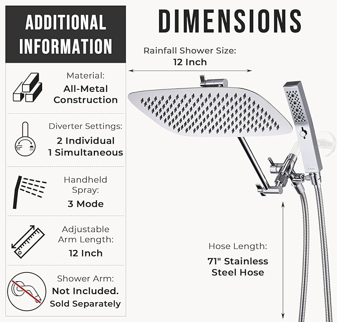 G-Promise All Metal 12 Inch Dual Square Shower Head with Handheld Spray Combo, Rain Shower Head, Adjustable Extension Arm, 3-Way Diverter, 71 Inch Extra Long Hose - A Bathroom Upgrade (Chrome)