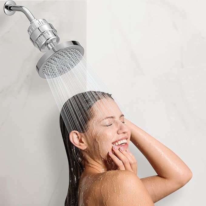 High Pressure Filtered Shower Head Set, 6’’ Rain Shower Filter for Hard Water, Universal Round Showerhead 20 Stage Filtration Removes Impurities for Rejuvenated Skin by Eolax, Chrome