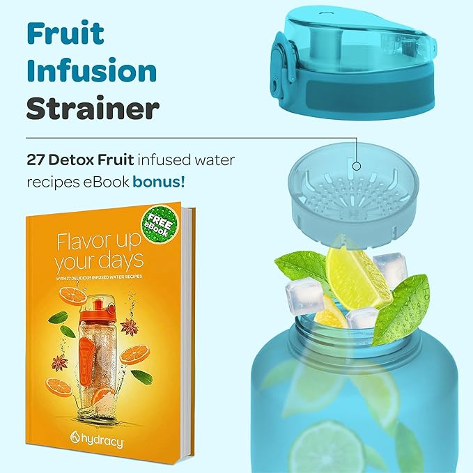 Hydracy Water Bottle with Time Marker -Large BPA Free Water Bottle & No Sweat Sleeve -Leak Proof Gym Bottle with Fruit Infuser Strainer & Times to Drink -Ideal for Fitness Sports & Outdoors