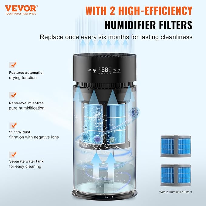 VEVOR Evaporative Humidifier for Whole House up to 1076.4 sqft, 10L(2.64G) Large Smart Cool Moisture Humidifier and Air Purifier,3-Speeds & 1-14h Timer,Premium Filter Quiet Sleep Mode for Bedroom