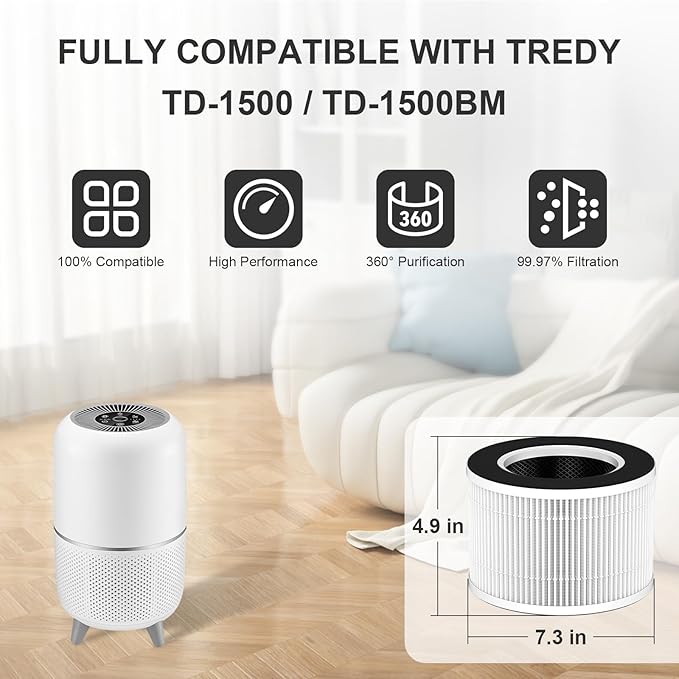 2 Pack TD-1500 Replacement Filters for Tredy TD-1500 & TD-1500BM Air Puri-fier, 4-Stage H13 Ture HEPA Filter and Activated Carbon Filtration